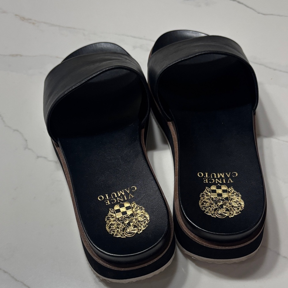 Vince Camuto Black Slide Sandals with Gold Logo - Picture 4 of 8